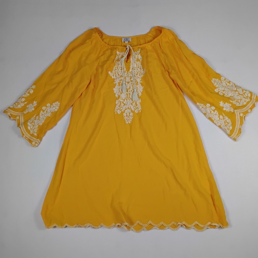 C/C Chic Connection Mustard Yellow Boho Tunic Dress Embroidered Tassel M